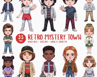 Retro Mystery Town, Paranormal Watercolor Clipart Bundle, Spooky Mystery Kids Characters & Monsters, Commercial Use, Instant Download