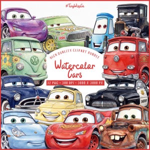 Puede incluir: Conjunto de imágenes prediseñadas de acuarela con varios coches de dibujos animados en colores vibrantes. La imagen incluye un coche morado, un coche de carreras verde, una grúa azul, un coche antiguo negro, un camión de bomberos rojo y más. El texto dice "Watercolor Cars".