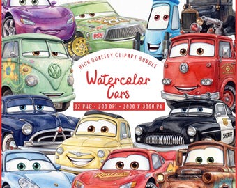 Watercolor Cartoon Cars Clipart Bundle, 32 PNG Vehicle Characters, Cute Car Clip Art for Kids Designs, Lightning McQueen, Kids Party