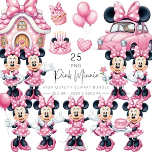 May include: A digital clipart bundle featuring various illustrations of a cartoon mouse in a pink polka dot dress and bow, a pink house, a cupcake, balloons, a cake, a heart, and a pink car, with text reading 25 PNG Pink Minnie.