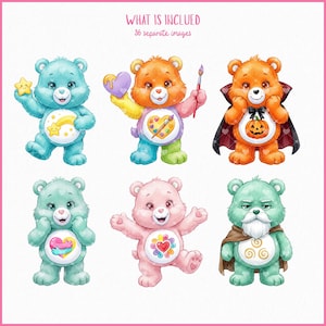 Watercolor Care Bears Clipart Bundle, Cute Rainbow Teddy Bear PNGs, 36 High-Resolution Digital Files, Instant Download for Crafts & Prints image 7