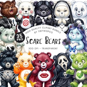 May include: A digital clipart bundle featuring 35 illustrations of teddy bears dressed in various horror-themed costumes, including a vampire, a ghost, a nun, and a werewolf, with the text "HIGH QUALITY CLIPART BUNDLE BY TINYWISPCO SCARE BEARS".