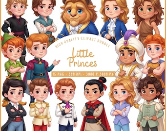 Little Princes Clipart Bundle, Watercolor Prince PNG, Fairytale Boys, Cute Prince, Prince Birthday Party, Flynn Rider, Prince Charming