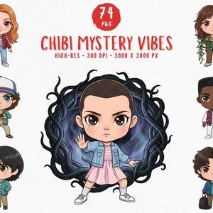 Chibi Mystery Vibes Clipart-Bundle, Retro 80er Jahre übernatürliche Kinder & Monster PNG, 74 transparente PNGs 3000x3000, kommerzielle Nutzung