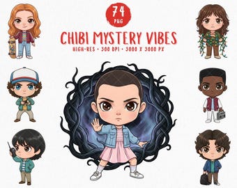 Chibi Mystery Vibes Clipart Bundle, Retro 80s Supernatural Kids & Monsters PNG, 74 Transparent PNGs 3000x3000, Commercial Use