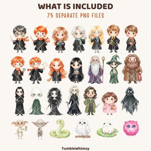 May include: A set of 25 watercolour-style PNG files featuring characters from a popular fantasy series. The characters are depicted in chibi style, wearing robes and holding wands. The image includes text that reads "WHAT IS INCLUDED 75 SEPARATE PNG FILES."
