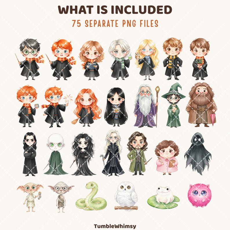 May include: A set of 25 watercolour-style PNG files featuring characters from a popular fantasy series. The characters are depicted in chibi style, wearing robes and holding wands. The image includes text that reads "WHAT IS INCLUDED 75 SEPARATE PNG FILES."