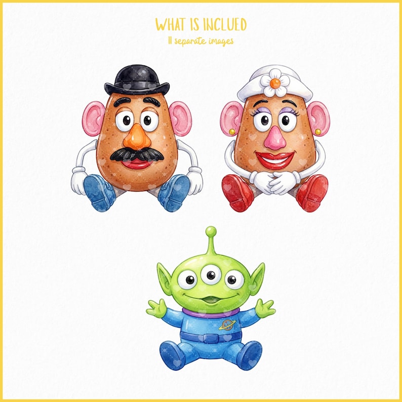 May include: Watercolor illustrations of three cartoon characters: a potato with a mustache and bowler hat, a potato with a flower hat, and a green alien with three eyes. The text "WHAT IS INCLUDED 11 separate images" is at the top.