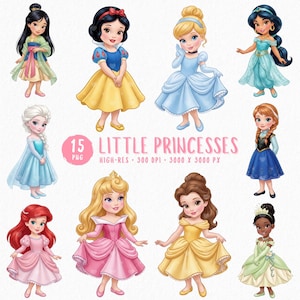 Paquete de imágenes prediseñadas de princesitas bebés, 15 imágenes PNG de niñas de cuento de hadas, imágenes prediseñadas de princesas de libros de cuentos, fiesta infantil, decoración de guardería, uso comercial.