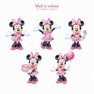 May include: Five illustrations of a cartoon mouse character wearing a pink polka-dot dress, matching bow, and pink shoes. The character is shown in various poses, including holding a pink flower, a pink cake, and a pink balloon. Text reads: What is included 25 SEPARATE IMAGES.
