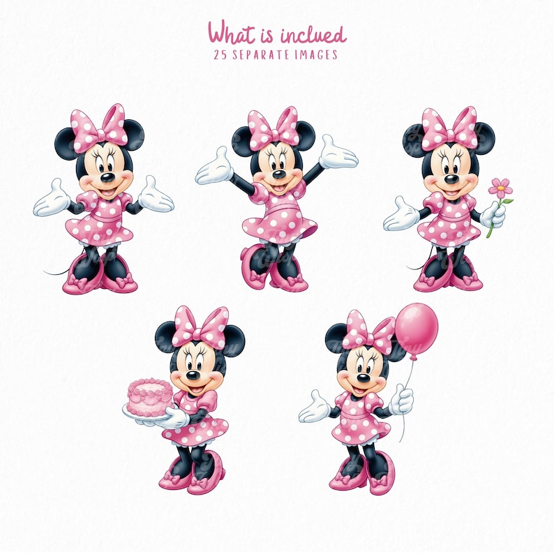 May include: Five illustrations of a cartoon mouse character wearing a pink polka-dot dress, matching bow, and pink shoes. The character is shown in various poses, including holding a pink flower, a pink cake, and a pink balloon. Text reads: What is included 25 SEPARATE IMAGES.
