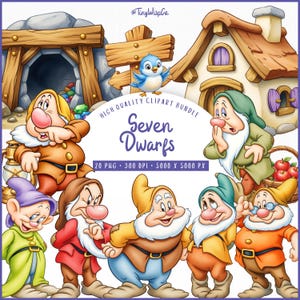 Könnte beinhalten: Ein digitales Clipart-Bundle mit den sieben Zwergen aus einem klassischen Märchen. Das Bild zeigt die sieben Charaktere, einen Mineingang, ein Häuschen und einen blauen Vogel. Der Text auf dem Bild lautet "Seven Dwarfs" und "High Quality Clipart Bundle".