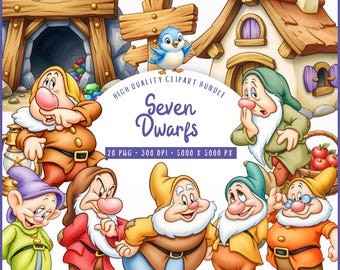 Snow White Seven Dwarfs Clipart Bundle, Fairytale Dwarf PNG, Woodland Storybook Characters, Cottage Mine Gems, Commercial Use