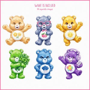 Watercolor Care Bears Clipart Bundle, Cute Rainbow Teddy Bear PNGs, 36 High-Resolution Digital Files, Instant Download for Crafts & Prints image 4