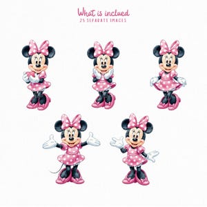 May include: Five illustrations of a cartoon mouse character wearing a pink polka-dot dress, matching bow, and pink shoes. The text at the top reads What is included 25 SEPARATE IMAGES. The character is shown in various poses, including holding a heart.