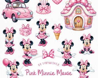 Pink Minnie Mouse Clipart Bundle, Minnie Mouse PNG, Pink Bow Birthday Clipart, Party PNG, Instant Download, Commercial Use