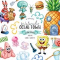 Ocean Town Clipart Bundle, Watercolor Underwater PNG, Sea Sponge Starfish Crab, Cartoon Ocean Party, 64 PNG, Digital Download