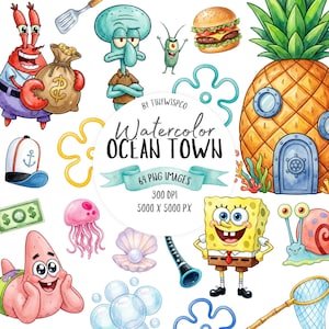Ocean Town Clipart Bundle, Watercolor Underwater PNG, Sea Sponge Starfish Crab, Cartoon Ocean Party, 64 PNG, Digital Download