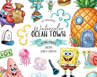 Ocean Town Clipart Bundle, Watercolor Underwater PNG, Sea Sponge Starfish Crab, Cartoon Ocean Party, 64 PNG, Digital Download