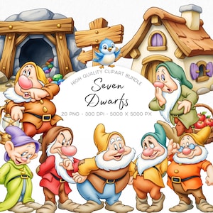 May include: A digital illustration featuring seven cartoon dwarfs in colorful clothing, a mine entrance with colorful gems, a wooden signpost, a small blue bird, and a cottage. Text reads: High Quality Clipart Bundle Seven Dwarfs 20 PNG 300 DPI 5000 x 5000 px.