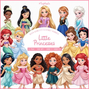 Op de afbeelding: Een digitale clipartbundel met illustraties van verschillende prinsessen in hun iconische outfits. De afbeelding bevat prinsessen als Ariel, Assepoester en Sneeuwwitje, met de tekst "Little Princesses" en "High Quality Clipart Bundle".