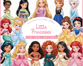 May include: A digital clipart bundle featuring illustrations of various princesses in their iconic outfits. The image includes princesses like Ariel, Cinderella, and Snow White, with the text "Little Princesses" and "High Quality Clipart Bundle".