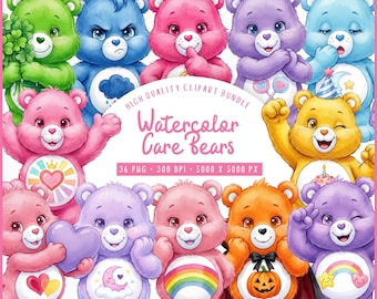 Watercolor Care Bears Clipart Bundle, Cute Rainbow Teddy Bear PNGs, 36 High-Resolution Digital Files, Instant Download for Crafts & Prints