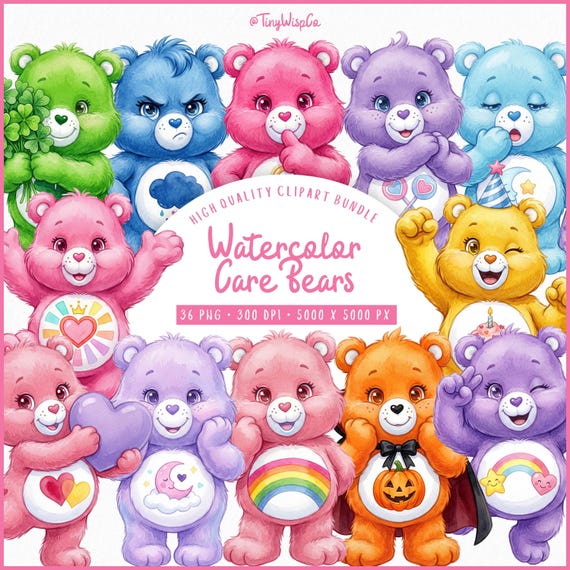 Watercolor Care Bears Clipart Bundle, Cute Rainbow Teddy Bear PNGs, 36 High-Resolution Digital Files, Instant Download for Crafts & Prints