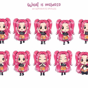 Chicas cazadoras de Kpop, paquete de imágenes prediseñadas de chicas chibi de K-pop, 30 PNG, 300 DPI, paquete de pegatinas adorables, fondo transparente, uso comercial imagen 3