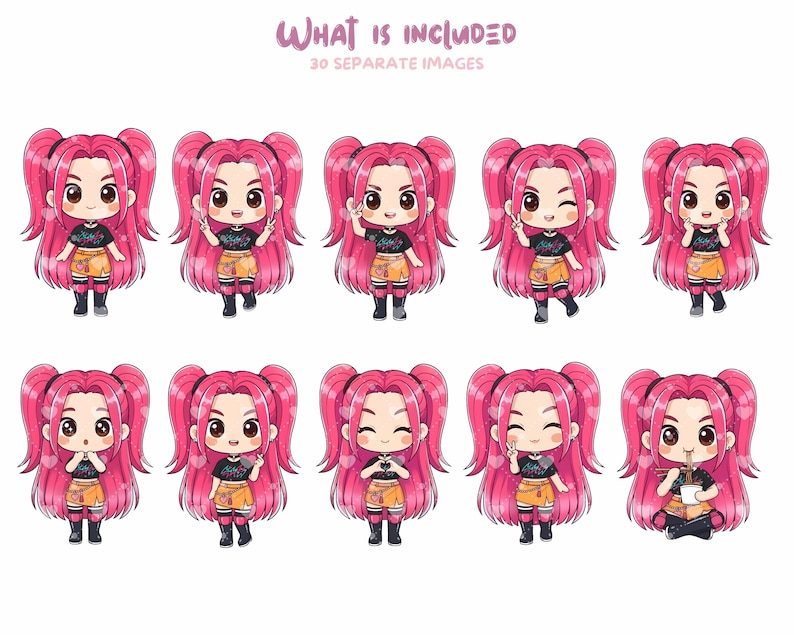 Chicas cazadoras de Kpop, paquete de imágenes prediseñadas de chicas chibi de K-pop, 30 PNG, 300 DPI, paquete de pegatinas adorables, fondo transparente, uso comercial imagen 3