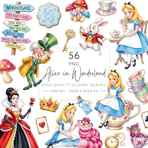 May include: A digital clipart bundle featuring Alice in Wonderland characters and icons including Alice, the Mad Hatter, the White Rabbit, the Queen of Hearts, the Cheshire Cat, mushrooms, teacups, a gold key, a crown, and directional signs.