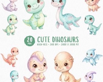 Cute Dinosaur Clipart Bundle, 20 Watercolor Baby Dino PNGs, Pastel Dino Clip Art, Baby Shower and Birthday Party PNGs, Nursery Decor