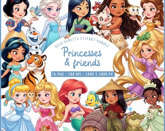 18 PNG Princesses & Friends Clipart Bundle, Watercolor Chibi Princess Characters with Animals, Commercial Use, Transparent Background
