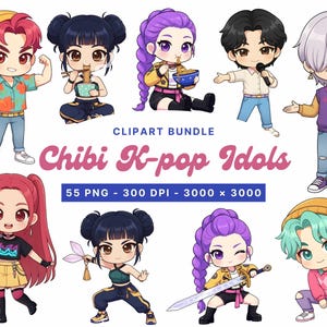 Paquete de imágenes prediseñadas de cazadores Kpop chibi, estilo demonio cazador Kpop, 55 PNG, fondo transparente, uso comercial, digitales para pegatinas y agendas.
