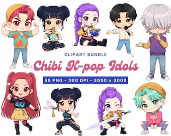 Paquete de imágenes prediseñadas de cazadores Kpop chibi, estilo demonio cazador Kpop, 55 PNG, fondo transparente, uso comercial, digitales para pegatinas y agendas.