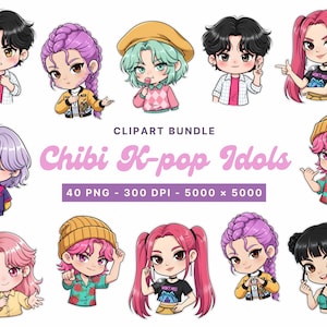 Chibi Kpop Hunters Idols Clipart Bundle, Kpop Hunter Demon Style, Transparent Background, Commercial Use, Digital PNG for Stickers & More