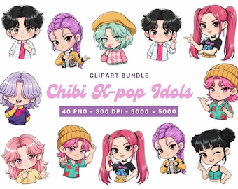 Chibi Kpop Hunters Idols Clipart Bundle, Kpop Hunter Demon Style, Transparent Background, Commercial Use, Digital PNG for Stickers & More