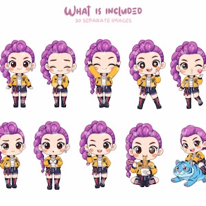Chicas cazadoras de Kpop, paquete de imágenes prediseñadas de chicas chibi de K-pop, 30 PNG, 300 DPI, paquete de pegatinas adorables, fondo transparente, uso comercial imagen 2