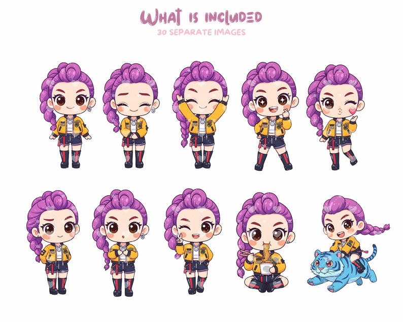 Chicas cazadoras de Kpop, paquete de imágenes prediseñadas de chicas chibi de K-pop, 30 PNG, 300 DPI, paquete de pegatinas adorables, fondo transparente, uso comercial imagen 2