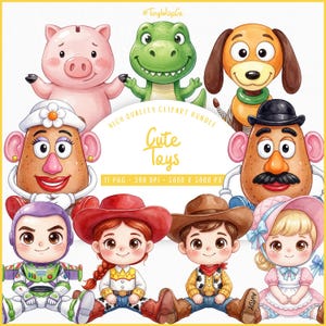 May include: Watercolor clipart bundle featuring various cute toy characters, including a pig, dinosaur, dog, Mr. Potato Head, Buzz Lightyear, Jessie, Woody, and Bo Peep. The text "Cute Toys" is displayed in a playful font.