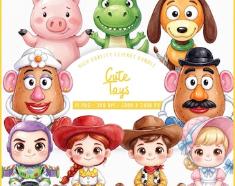 Toy Story Clipart Pack, Cute Toys, Seated Chibi Watercolor PNGs, Kids Party & Playroom Graphics, 11 Files, 4K High-Res
