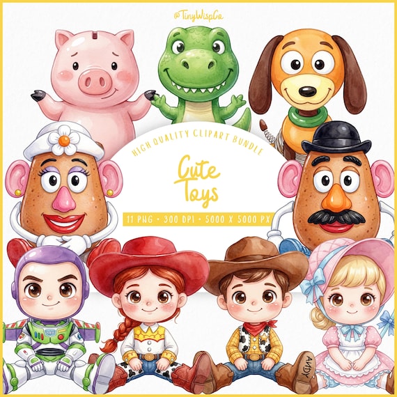 Toy Story Clipart Pack, Cute Toys, Seated Chibi Watercolor PNGs, Kids Party & Playroom Graphics, 11 Files, 4K High-Res
