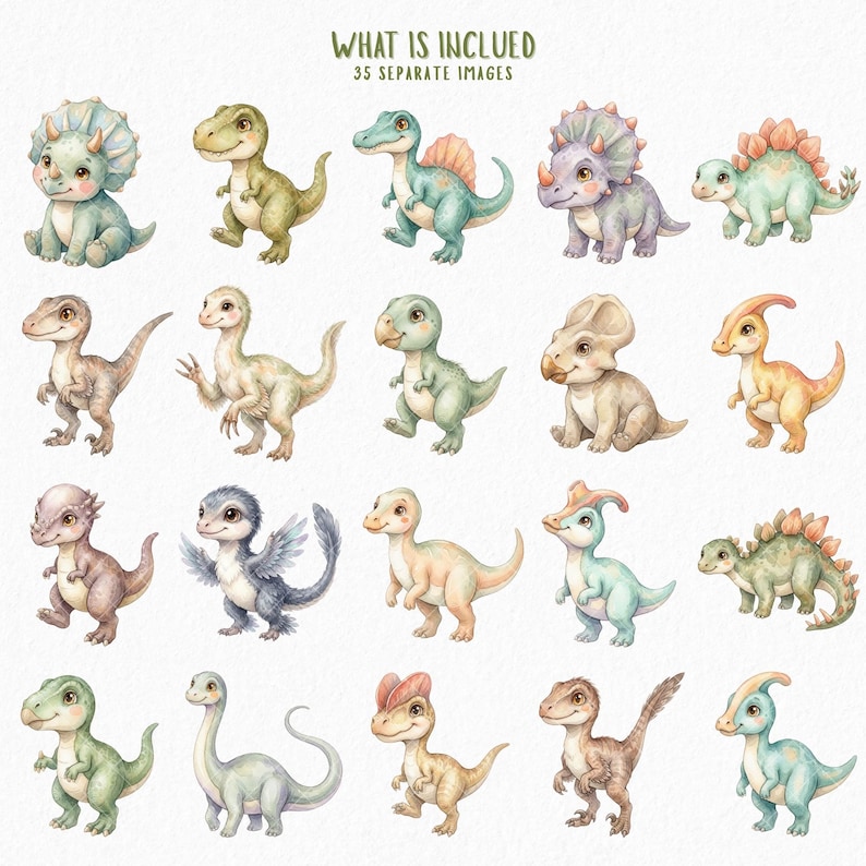 Baby Dinosaur Clipart Bundle, Watercolor Baby Dinosaur PNG, Cute Dino ...