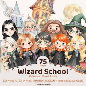 May include: Watercolor clipart bundle featuring illustrations of characters from a wizarding school. The image includes a variety of characters, a castle, an owl, and the text "Wizard School". The bundle includes 75 images.