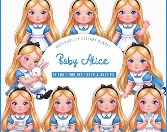 Baby Alice Clipart Bundle, Alice in Wonderland PNG, Wonderland Girl Watercolor Clipart, Fantasy Tea Party Bunny PNG, Commercial Use