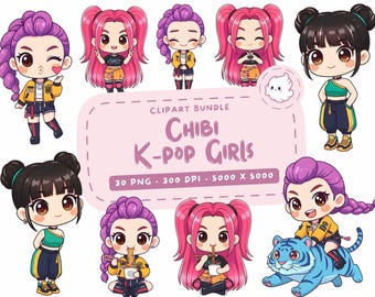 Kpop Hunters Girls, Chibi K-pop Girls Clipart Bundle, 30 PNG, 300 DPI, Cute Sticker Pack, Transparent Background, Commercial Use