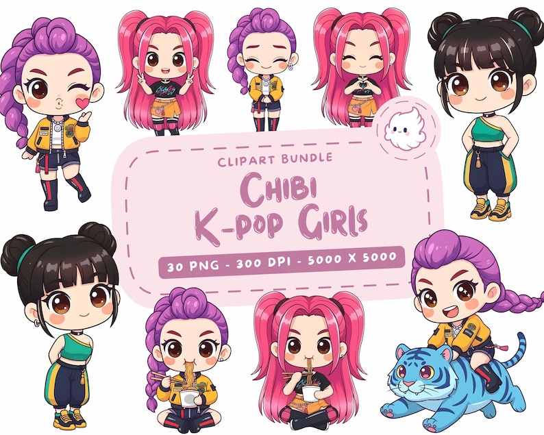 Chicas cazadoras de Kpop, paquete de imágenes prediseñadas de chicas chibi de K-pop, 30 PNG, 300 DPI, paquete de pegatinas adorables, fondo transparente, uso comercial imagen 1
