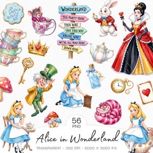 Alice in Wonderland Clipart Bundle, Alice PNG, Tea Party Clipart, White Rabbit, Mad Hatter, Cheshire Cat, Queen of Hearts, Digital Download