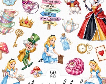 Paquete de imágenes prediseñadas de Alicia en el País de las Maravillas, Alicia en formato PNG, imágenes prediseñadas de fiesta del té, Conejo Blanco, Sombrerero Loco, Gato de Cheshire, Reina de Corazones, descarga digital.