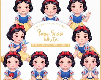 Baby Snow White Clipart Bundle, Watercolor Princess PNG, Fairytale Girl, Apple & Blue Bird, Birthday Clipart, Commercial Use